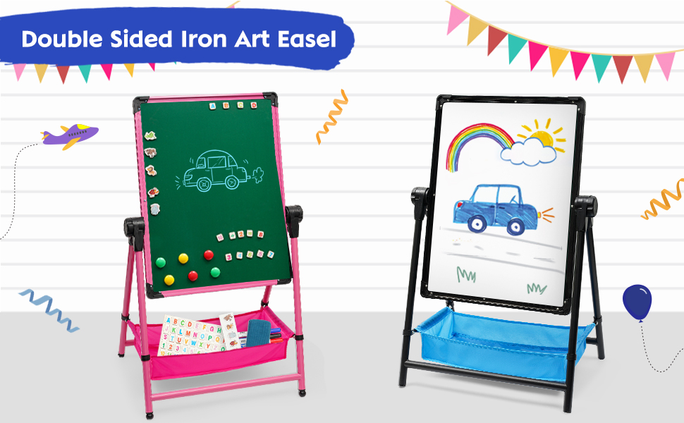 Дитяча мольберт Kinderstaffelei з двома боками, складний, регульована висота 74,9-111,8 см, з місцем для зберігання, поворотний на 360°, мольберт для малювання та дошка з набором літер та цифр, рожевий для хлопчиків та дівчаток