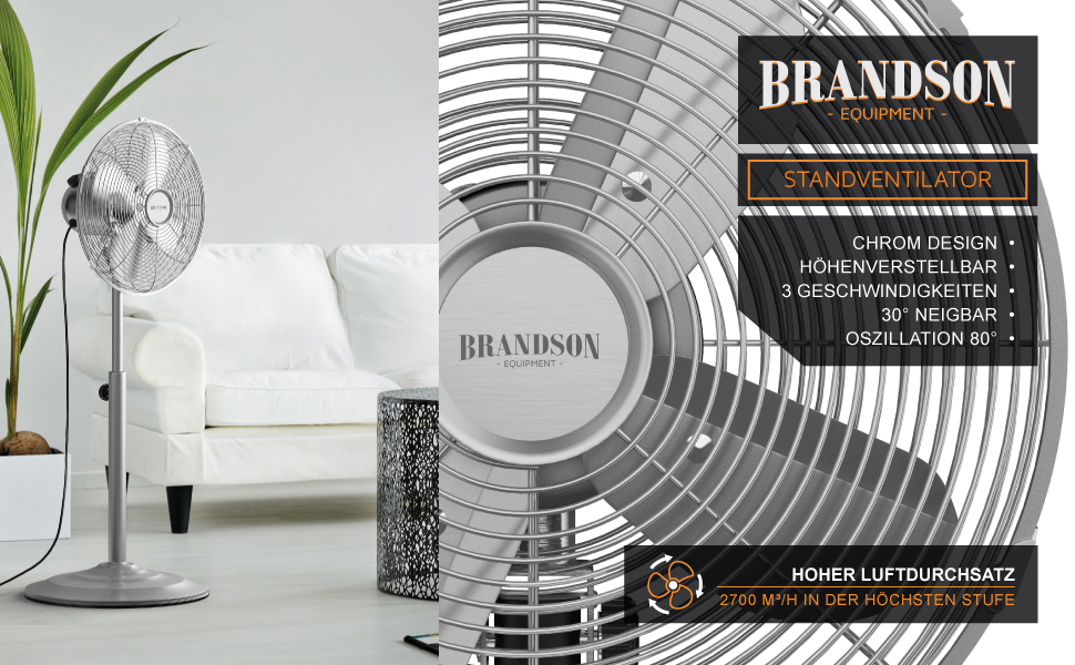 Підлоговий вентилятор Brandson Silverline з коливанням 80° та хромованим дизайном - 3 швидкості, регульована висота та нахил 30°