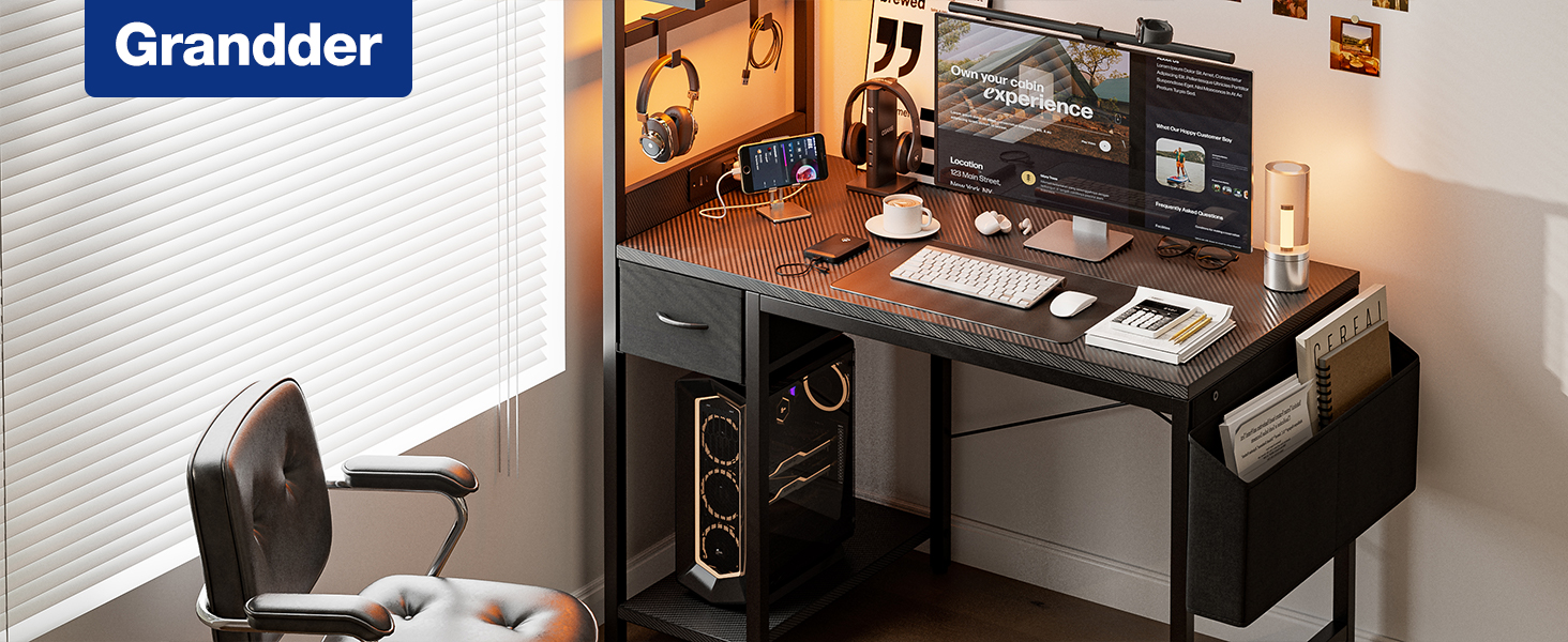 Ігровий стіл Grandder 120 см з розеткою та LED-підсвічуванням, комп'ютерний стіл з регульованими полицями та шухлядою, білий (100 x 50 см, карбоновий дизайн)