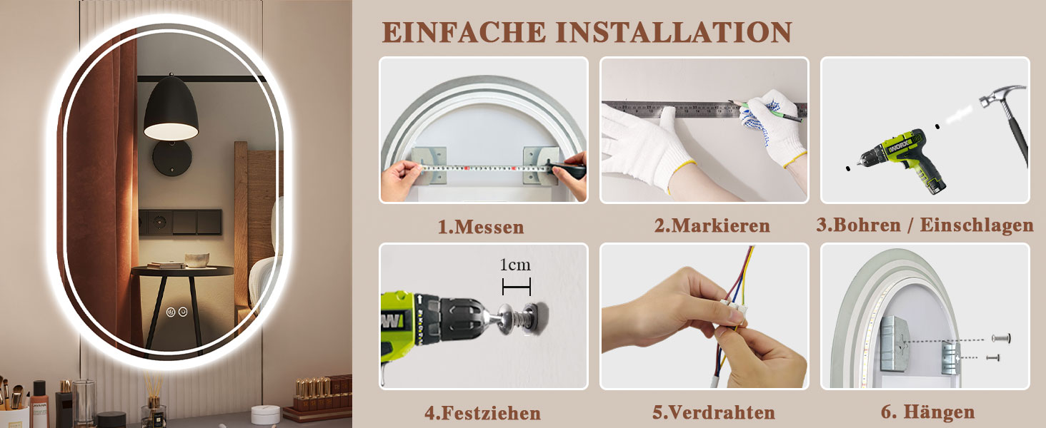 LED дзеркало для ванної кімнати Badspiegel з підсвічуванням, антизапар, сенсорне керування, регулювання яскравості, 3 кольори світла, овальне, 50x70 см