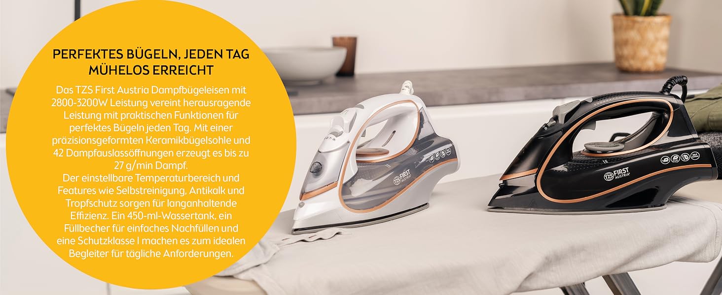 Відпарювач TZS First Austria I 2800-3200W з керамічною підошвою | Самоочищення, вертикальний пар, антинакип | 0,45л, 1.3кг, білий/мідний