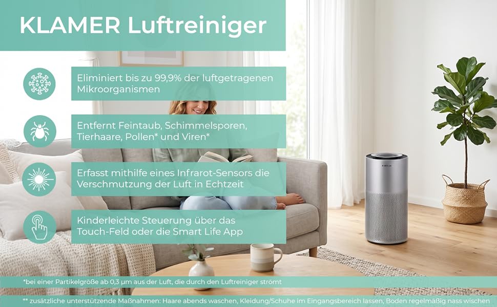 Очищувач повітря KLAMER Luftreiniger 600i з HEPA H13, вугільним фільтром та UV-лампою, CADR 450 м³/год для приміщень до 55 м², сріблястий