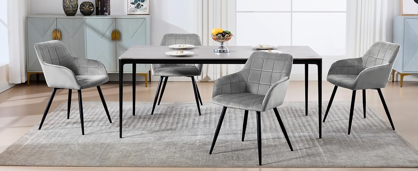 Стільці для обідньої кімнати WOLTU - 8 шт. Сучасні крісла з підлокітниками, з м'якою оббивкою з льону, металевий каркас (Темно-сірий)