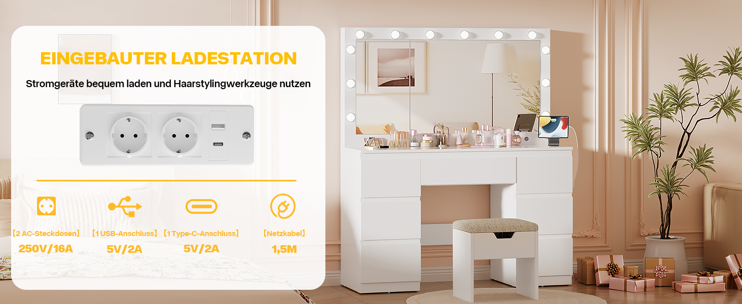 Дзеркальний туалетний столик Airfish з LED-підсвіткою та великим дзеркалом, 120x40x140 см. Туалетний столик з шухлядами та косметичним ящиком для спальні, білий