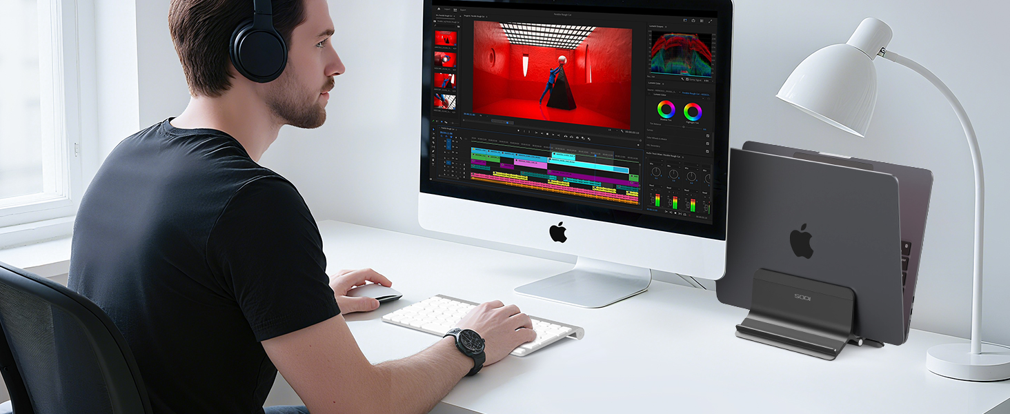 Підставка для ноутбука SODI вертикальна, автоматична, алюмінієва, чорна. Захист для MacBook Pro/Air, ноутбуків, планшетів, телефонів