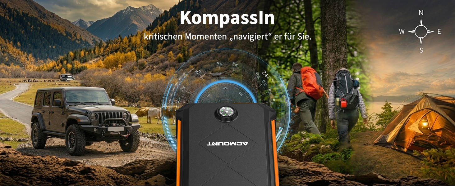Бустерний пускач Acmount P110 7000A Powerbank для авто (12л бензин/10л дизель) з LED-ліхтарем, компасом та молотком для PKW, SUV, мотоциклів, газонокосарок, помаранчевий
