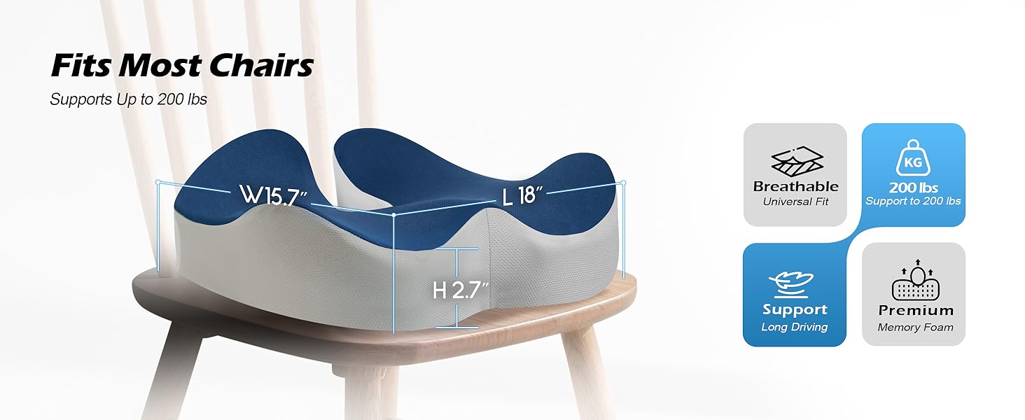 Подушка ортопедична для офісного крісла Lofty Aim з піни Memory Foam: підтримка попереку, куприка, зняття болю, для офісу, авто, літака, інвалідного візка – чорний, синій та сірий