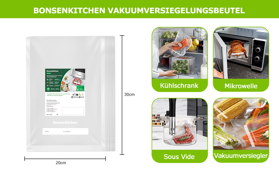 Пакети вакуумні Bonsenkitchen Profi 20x30 см (100 шт) для харчових продуктів, Sous Vide, BPA-free