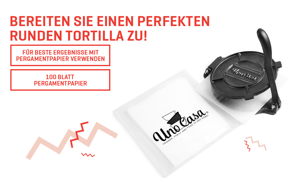 Прес для тортильї Uno Casa 20 см - Чавунна машина для тортильї та роті зі 100 аркушами пергаментного паперу