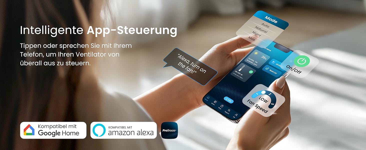 Вентилятор Pro Breeze OmniAir з очищувачем повітря, 105 см - безлопасний, осциляція 75°, пульт, HEPA 13, LED дисплей, 10 швидкостей, тихий, 5 режимів, Smart App, чорний