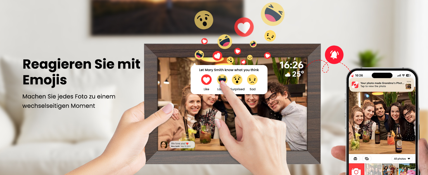 Frameo Цифровий фоторамка WiFi, 10.1 дюйма, HD IPS сенсорний екран, 32 ГБ пам'яті, автоматичне обертання, хмарна підтримка, віддалене завантаження фото та відео