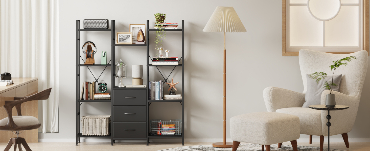 Стильна полиця-стеллаж з 4 висувними ящиками з тканини, 142 см, чорний колір. Ідеально для вітальні, офісу, кухні, балкону. Книжкова полиця, стелаж-куб, полиця для зберігання.