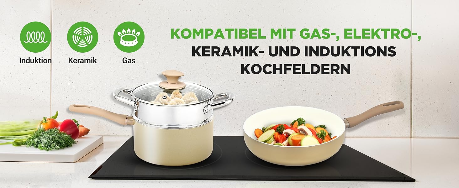 Набір посуду NutriChef 54 шт. – сковороди, каструлі, кухонні аксесуари талового кольору. З ножами, формами для випічки та аксесуарами. Підходить для індукційних, газових та електричних плит. Здорове та дієтичне приготування їжі