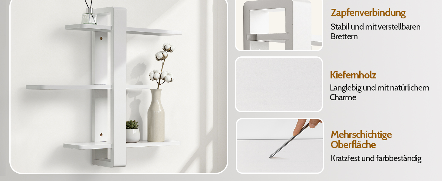 Полиця настінна дерев'яна SUMGAR, плаваючі полиці, 3-ярусна, біла 50x58 см для вітальні, спальні