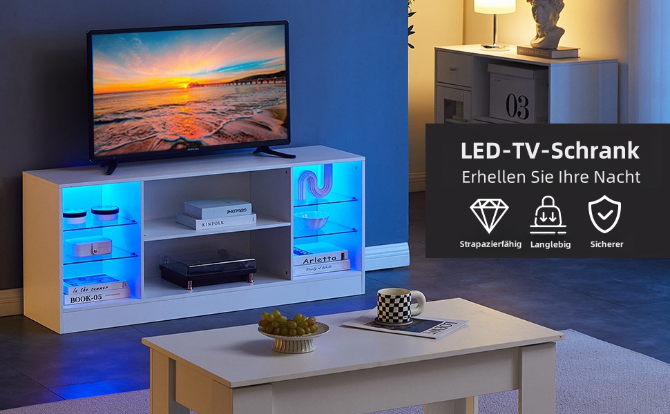 Тумба під телевізор CLIPOP Hochglanz Weiß з LED-підсвіткою, 130x34x57 см - ТВ тумба з скляною полицею для вітальні