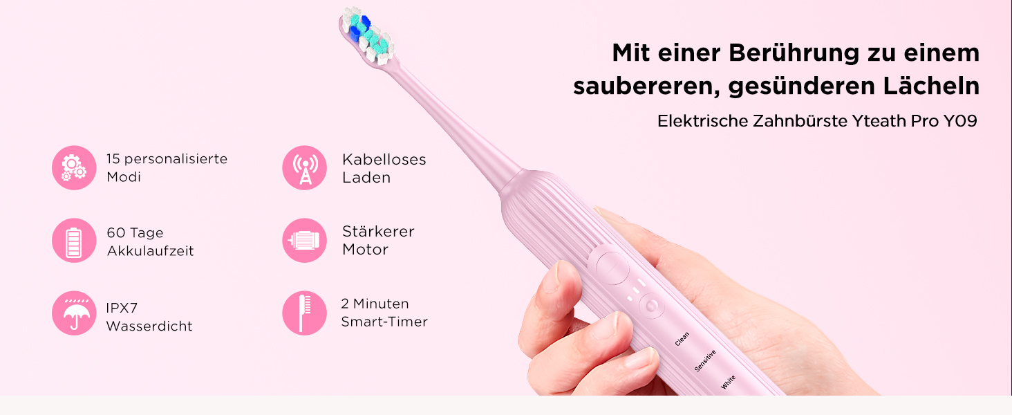 Електрична зубна щітка звукового типу для дорослих та дітей, 5 режимів чищення, 3 рівні інтенсивності, таймер, 8 насадок, чохол для подорожей, рожевий колір