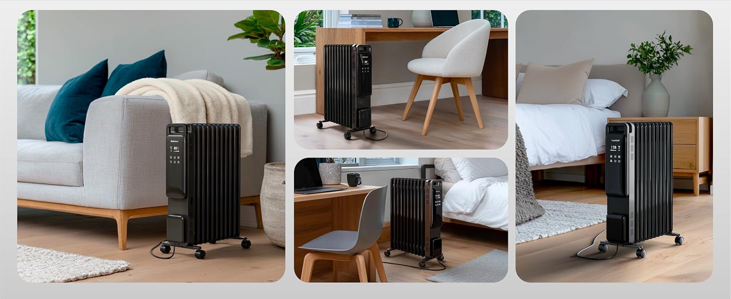 Електричний масляний радіатор Pro Breeze 2500Вт, 11 секцій, смарт-обігрів з термостатом, таймером на 24г та сенсорним дисплеєм, чорний