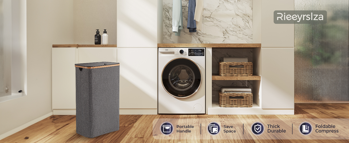 Кошик для білизни Rieeyrslza з кришкою, 158 л, бамбук, 2 мішки, Oxford, складний, сортувальник, для ковдр та одягу (сірий)