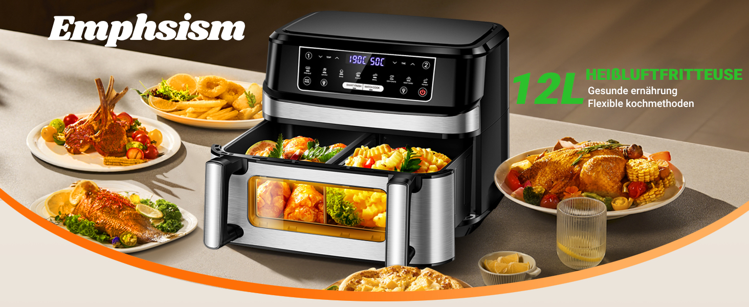 Фритюрниця повітряна XXL з двома камерами | 12л, 8-в-1, регулювання температури, сенсорний екран, до 200°C, для смаження без олії (срібна)