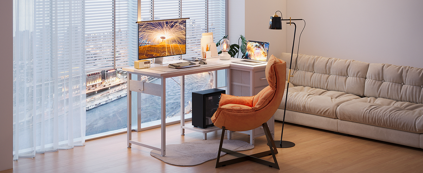 Комп'ютерний стіл кутовий Coleshome 100x70 см з 4 шухлядами, білий. Для офісу, кабінету, спальні