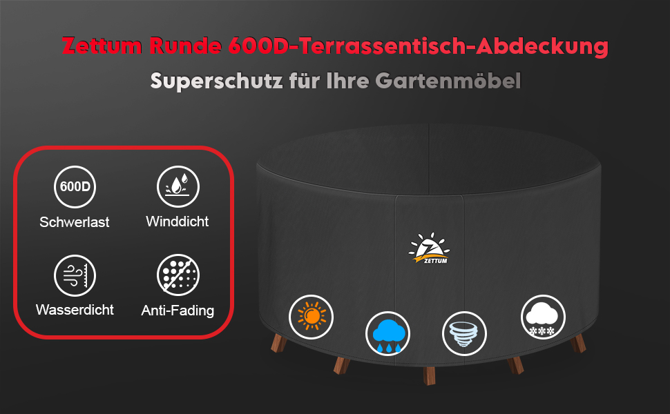 Чохол для садово-патіо меблів Zettum, Ø281 x 73 см, 600D Oxford, водонепроникний, захисна накривка для садового столу та комплектів меблів