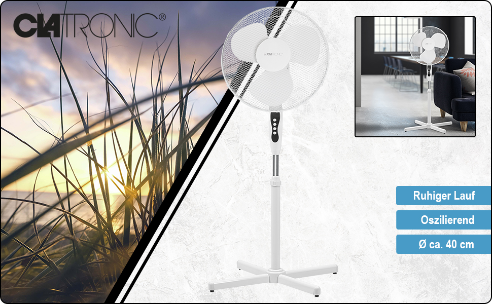 Вентилятор Clatronic VL 3603 S білий, 40 см, з функцією повороту та регулюванням висоти, 3 швидкості
