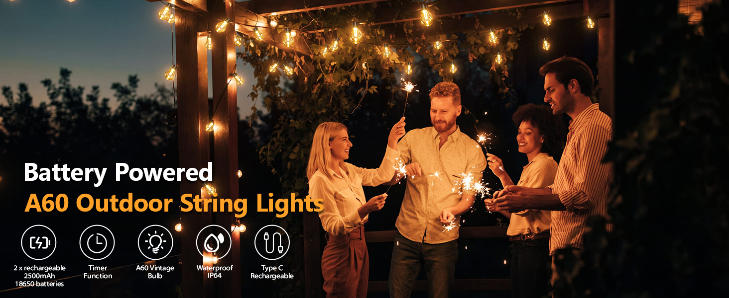 LED ліхтарна гірлянда для зовнішнього використання на батарейці з таймером, 9м, 12 лампочок A60, USB зарядка, 5000mAh, для декорування саду, вікна, сходи, весілля