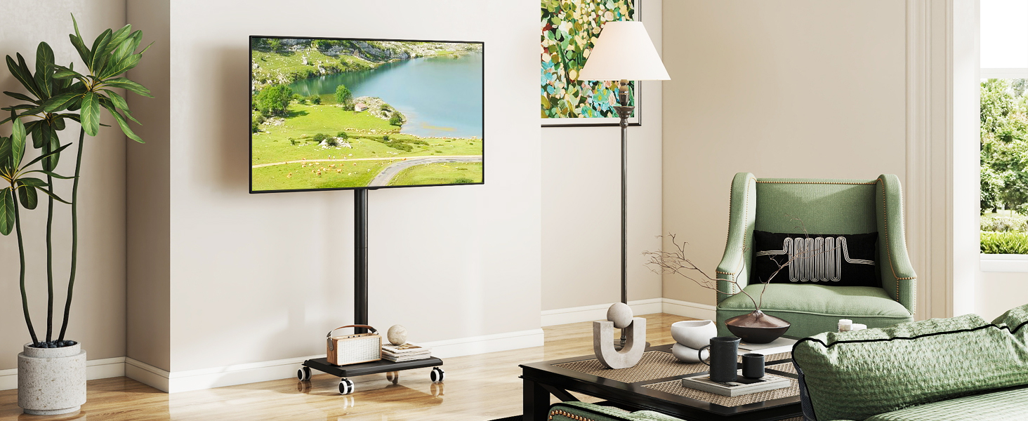 Підставка для телевізора на колесах з полицею, чорна. Підходить для телевізорів 27-55 дюймів, до 40 кг, VESA 400x400 мм