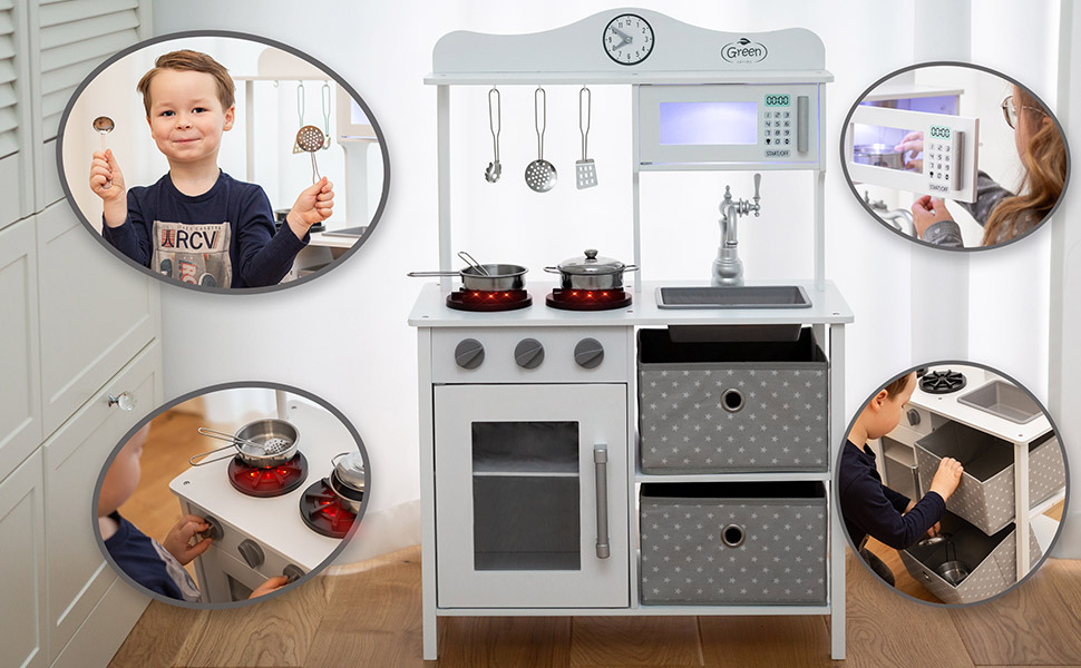 Дерев'яна дитяча кухня Kinderplay з LED та звуками приготування їжі, регульована висота 92–107 см, ігровий набір для дітей від 3 років, повний комплект з аксесуарами, світло-сірий колір (Vintage - White)