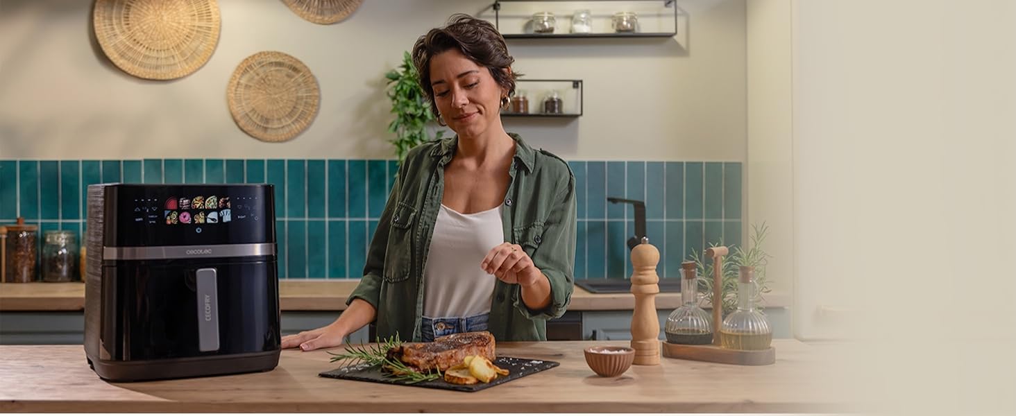 Аерофритюрниця Cecotec Cecofry & Grill Duoheat 4000 без олії, 8 л, 1900 Вт, з рухомою перегородкою та грилем, чорна