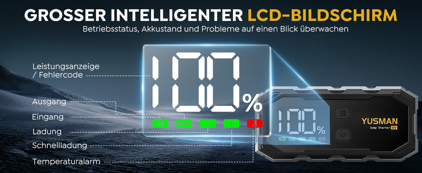 Портативний зарядний пристрій (Powerbank) Starthilfe для автомобілів | 8000A, бустер для акумулятора, LED-ліхтарик, дисплей, кабелі – для SUV, мотоциклів, газонокосарок Black