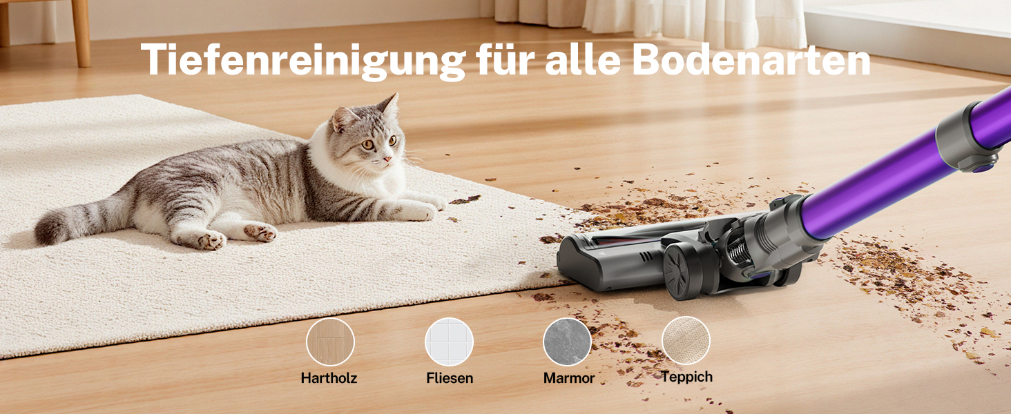 Бездротовий акумуляторний пилосос 25000Pa з антинамотувальною насадкою та автономністю 50 хвилин. Підходить для килимів, твердих підлог та видалення шерсті тварин. Колір: фіолетовий