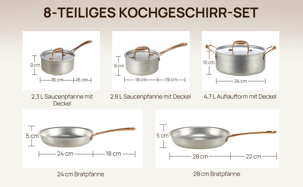 Набір каструль KOKHUB 8 шт. з нержавіючої сталі для індукційних плит, вінтажний набір каструль та сковорідок без покриття, PFOA/PFAS/PTFE-free, набір каструль з кришками для всіх типів плит, безпечний для духовки та мийки