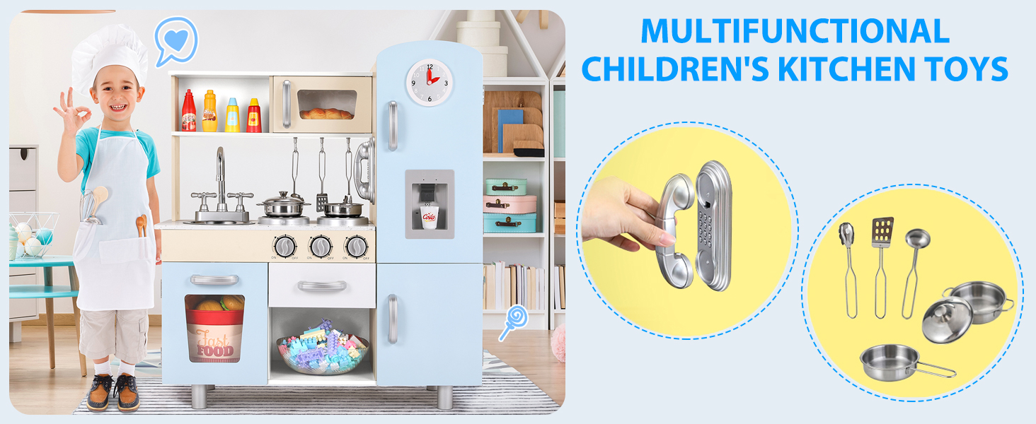 Дерев'яна дитяча кухня Mamizо з аксесуарами, 81x74x30 см, з підсвіткою та звуком, для дітей від 3 років, біло-блакитна