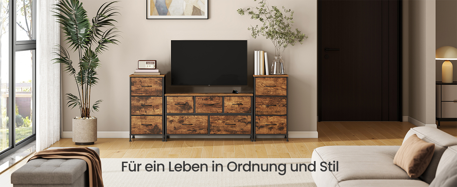 SONGMICS Комод з 7 висувних ящиків, шафа для зберігання, сталь, MDF, фліс, для спальні, коридору, вітальні, кольори: білий, коричневий, чорний (LGS323WH01)