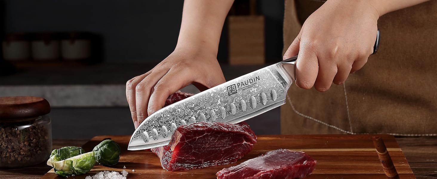 PAUDIN Сантоку ніж з дамаської сталі 17 см, професійний кухонний ніж з VG10 серцем, ергономічна ручка G10
