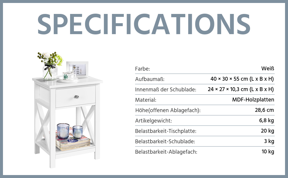 Журнальний столик Yaheetech з шухлядою та полицею, білий, для вітальні та спальні, скандинавський дизайн