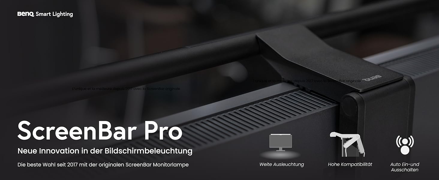 BenQ ScreenBar Pro – LED лампа для монітора: без відблисків, авто вкл/викл, універсальна кріплення, широке освітлення, регулювання кольору та яскравості, автоматичне регулювання, чорний колір