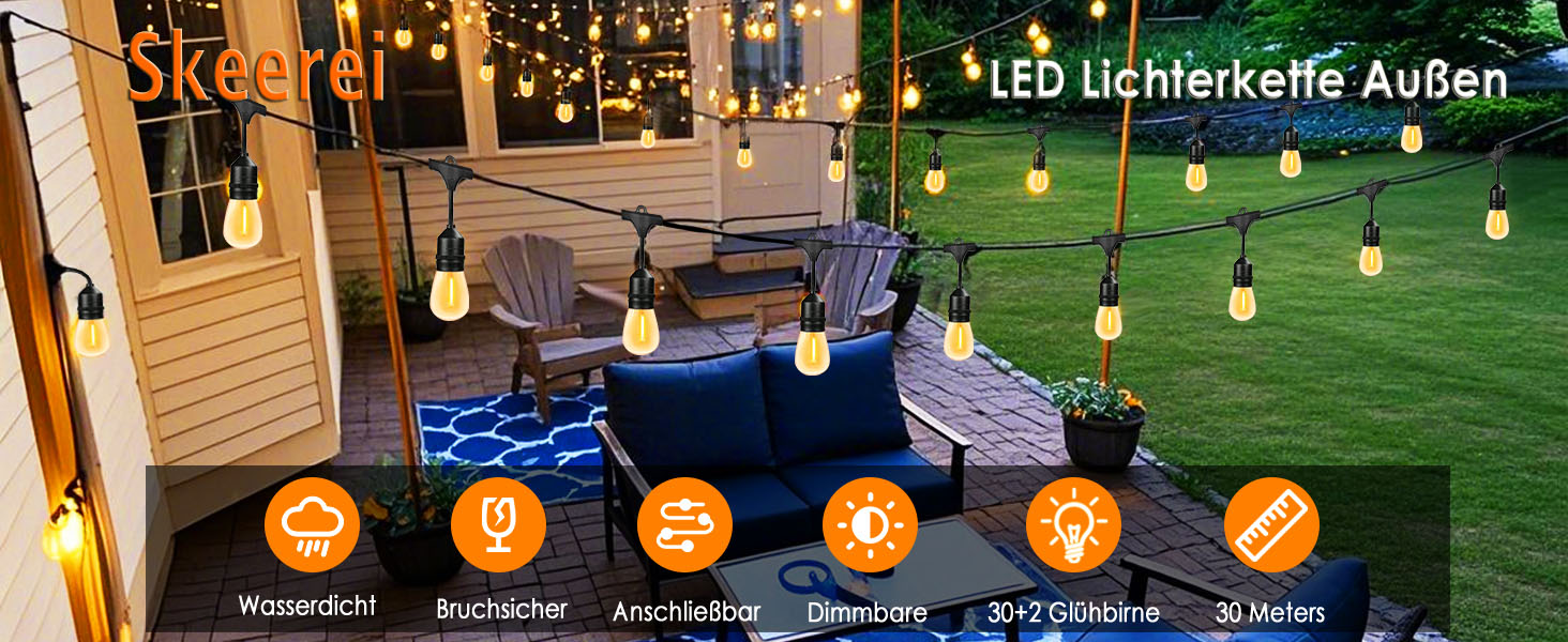 LED гірлянда для саду та тераси, 30 метрів, IP65, 15+1 лампочки E27, 2700K (тепле біле світло), для декору саду, вечірок та свят