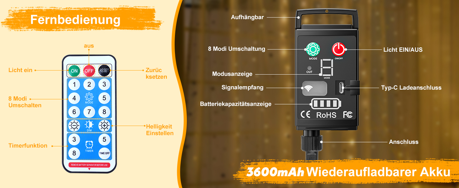 Світлодіодна гірлянда Kinamy для вулиці на батарейках, 20м (2x10м), 100 LED, акумулятор 3600mAh, перезарядна