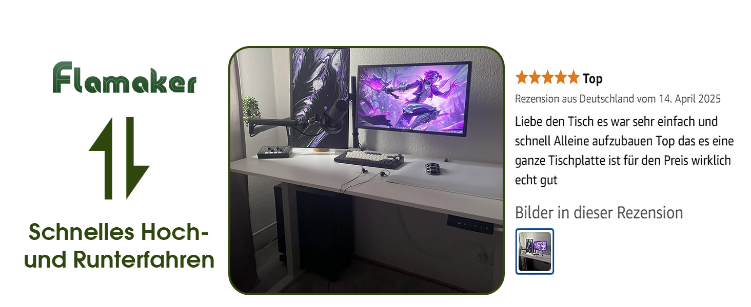 Електричний стіл Flamaker з регулюванням висоти, 160 x 60 см, з пам'яттю, для геймінгу, USB-зарядка (Бежевий)