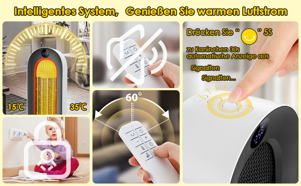 Електричний обігрівач Nictemaw 2000W з керамічним нагрівачем, 3 режими, захист від перекидання, таймер 12 год, осциляція 100°, пульт ДУ, для дому та офісу, білий