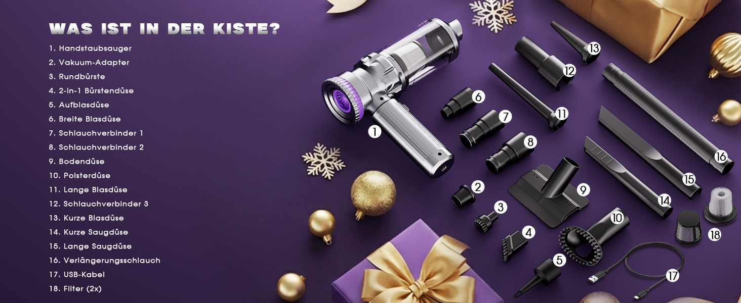 Бездротовий автомобільний пилосос Ortiny 28000Па, ручний міні-пилосос 4 в 1 з безщітковим двигуном та самоочищенням контейнера, для авто, дому та кухні, сріблясто-фіолетовий