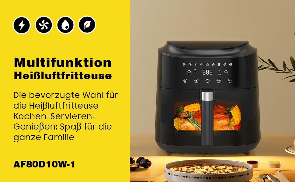 Фритюрниця гарячим повітрям XXL 2350W - Airfryer з 9 програмами, LED дисплеєм, функцією підігріву та металевим корпусом (9L)