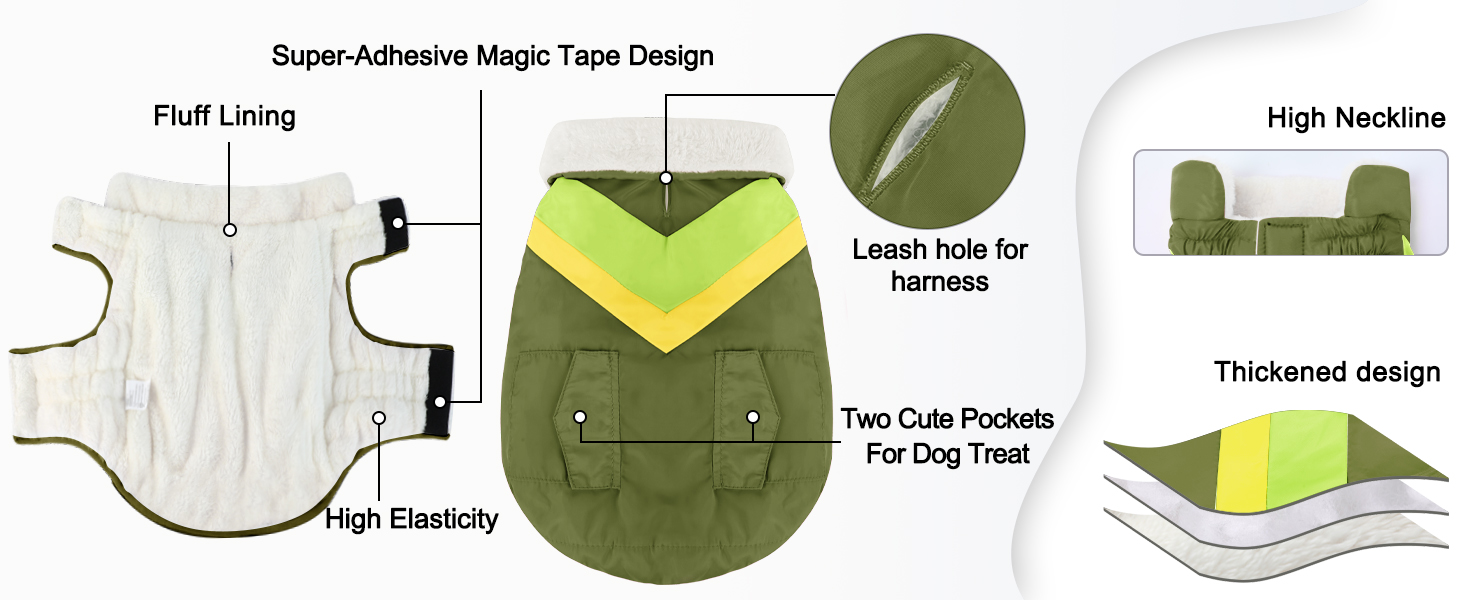 Пальто для собаки зимове з високим коміром і кишенями, смугасте, Velcro, армійський зелений, розмір M