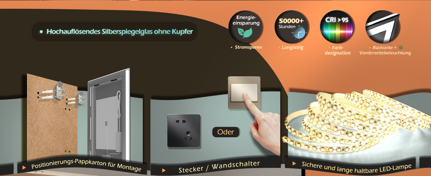 Дзеркало для ванної кімнати LED з підсвічуванням, комодне дзеркало для макіяжу, настінне, 6500K, антитуманне, IP44, 90 x 60 см