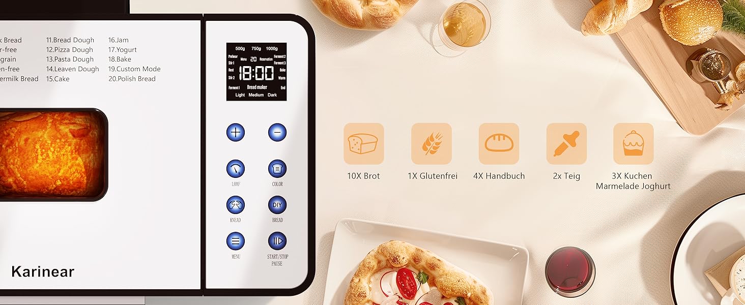 Бротбекмашина Karinear з 20 програмами, рукавичками, таймером на 15 годин, нержавіючою сталлю, 3 розмірами хліба та вибором кольору скоринки (білий, чорний)
