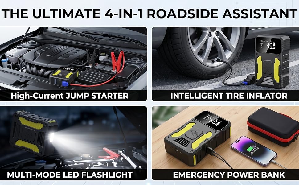 Пусковий пристрій (бустер) для авто 3000A з компресором 150 PSI, портативний Powerbank для PKW, SUV, дизель до 8L, з LED-ліхтарем та PD