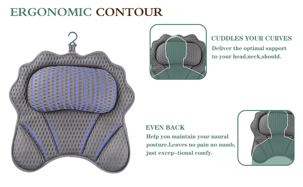 Подушка для ванни RUVINCE ергономічна, з підтримкою голови, шиї, плечей та спини, 4D, 6 присосок, 44x43 см