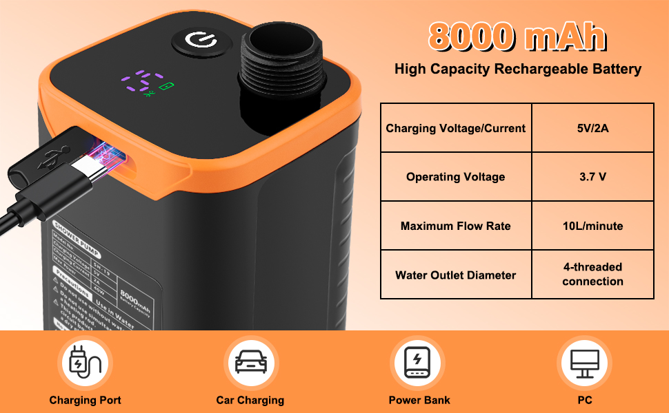 Портативний кемпінговий душ Uplayteck з акумулятором 8000mAh, помпою, фільтром та індикатором температури, водонепроникний IPX8, шланг 2м — для подорожей, кемпінгу та саду